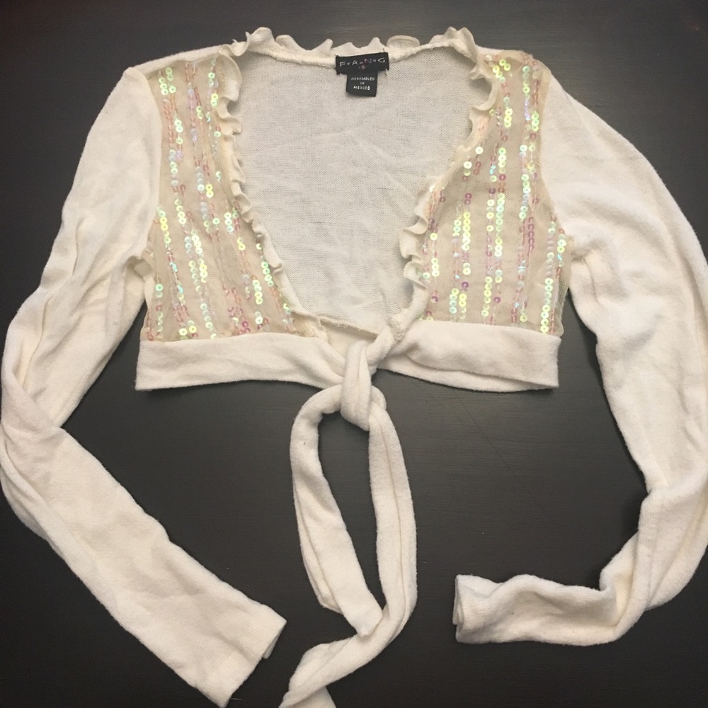 Girls Sz S shrug sequin cream top shawl cardigan front tie